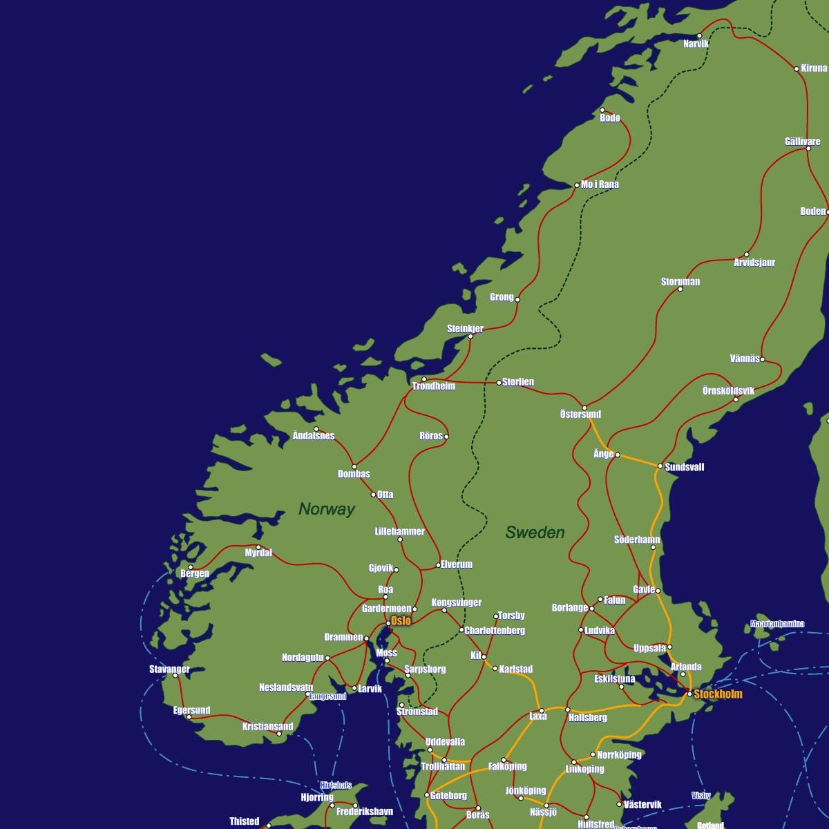 Mappa di Norvegia in treno itinerari